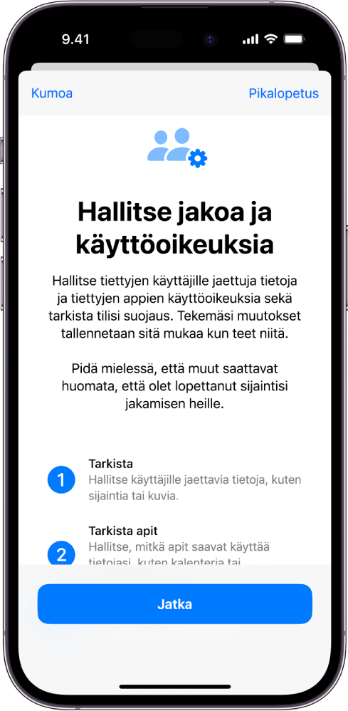 Asetusten Turvatarkastuksen Hallitse jakoa ja käyttöoikeuksia -näyttö.