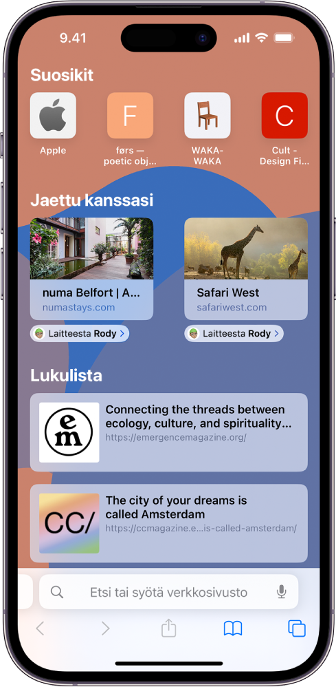 Safarin aloitussivu sisältää Jaettu kanssasi -osion, jossa on kahden verkkosivun esikatselu. Verkkosivustojen esikatselujen alapuolella on merkinnät, joissa lukee ”Lähettäjä Rody”.