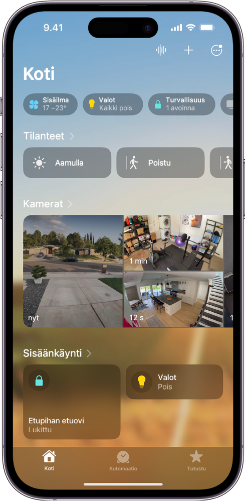 Koti-välilehti, jossa näkyy ylhäältä alas neljä kategoriaa, kaksi tilannetta, kolme kameranäkymää ja yhden huoneen tila. Alaosassa ovat välilehdet Koti (valittuna), automaatio ja Tutustu.