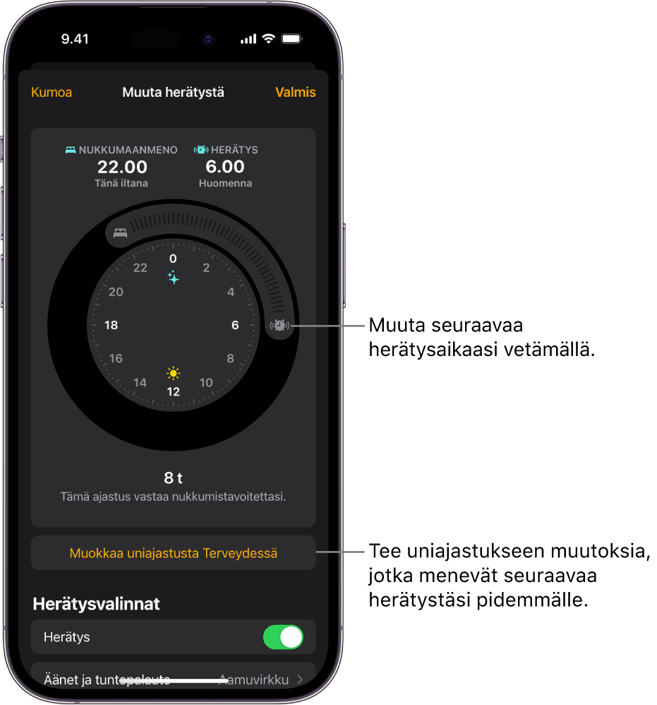 Näytössä näkyvät seuraavan päivän uniajastusherätys ja painikkeet, joita vetämällä voidaan vaihtaa nukkumaanmeno- ja herätysaikaa, painike uniajastuksen muuttamiselle Terveys-apissa sekä painike uniajastuksen herätyksen laittamiseksi päälle tai pois.