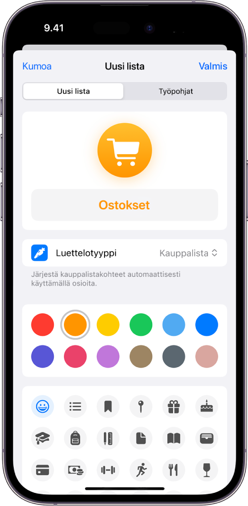 Uuden listan luominen Muistutukset-apissa. Voit muokata nimeä, listatyyppiä, väriä ja kuvaketta.