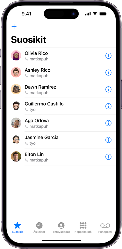 Suosikit-näyttö Yhteystiedot-apissa. Kuusi yhteystietoa on merkitty suosikeiksi.