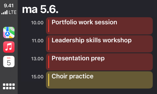 CarPlay, jonka sivupalkissa näkyy Kartat, Musiikki ja Kalenteri. Oikealla ovat maanantain 5.6. tapahtumat portfolion työstämiseen, johtajuustaitojen työpajaan, esitelmän valmisteluun ja kuoroharjoituksiin.