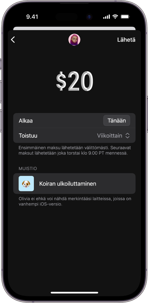 Näyttö, jolla näkyvät toistuvan maksun lähetyksen valinnat.