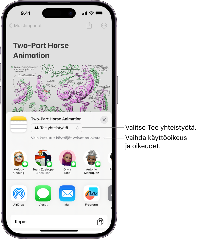 Yhteistyökutsu Muistiinpanoissa olevaan piirrokseen. Kutsussa näkyy jakotoimintona yhteistyö ja ”Vain kutsutut voivat muokata” pääsy- ja käyttöoikeusasetuksena. Sen alapuolisella rivillä on neljä mahdollista vastaanottajaa, joissa on yksi ryhmä. Alarivissä tarjotaan eri tapoja muistiinpanon jakamisen: AirDrop, Viestit, Mail ja Freeform.