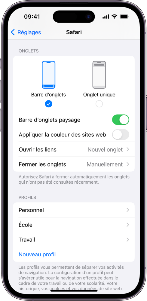 Un écran montrant deux options de présentation de Safari : Barre d’onglets et onglet unique.