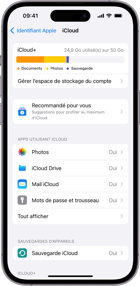 Écran des réglages iCloud montrant l’indicateur d’espace de stockage d’iCloud et une liste d’apps et de fonctionnalités pouvant être utilisées avec iCloud.