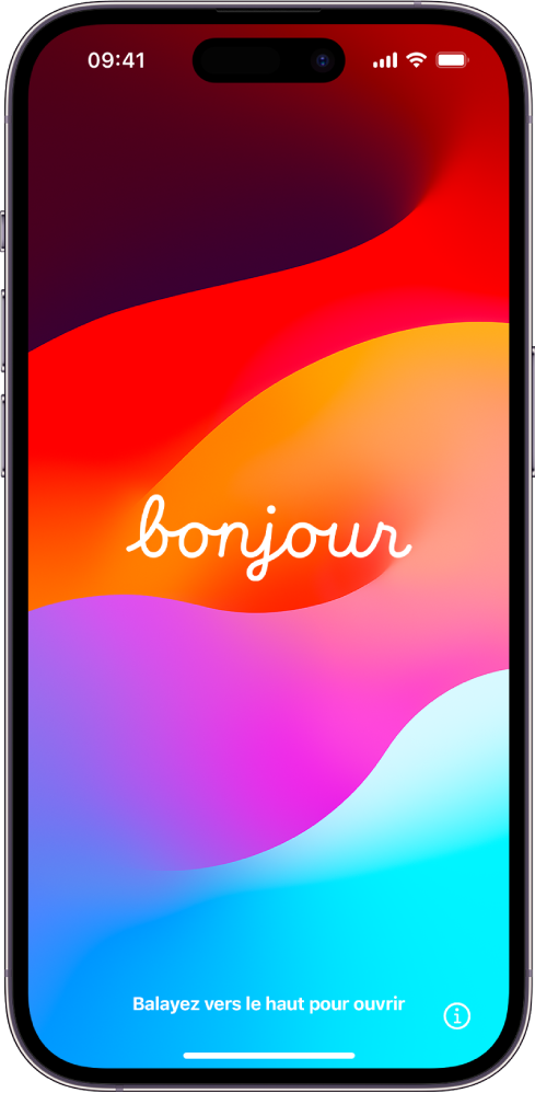 L’écran Bonjour qui s’affiche lorsque l’iPhone est allumé pour la première fois.