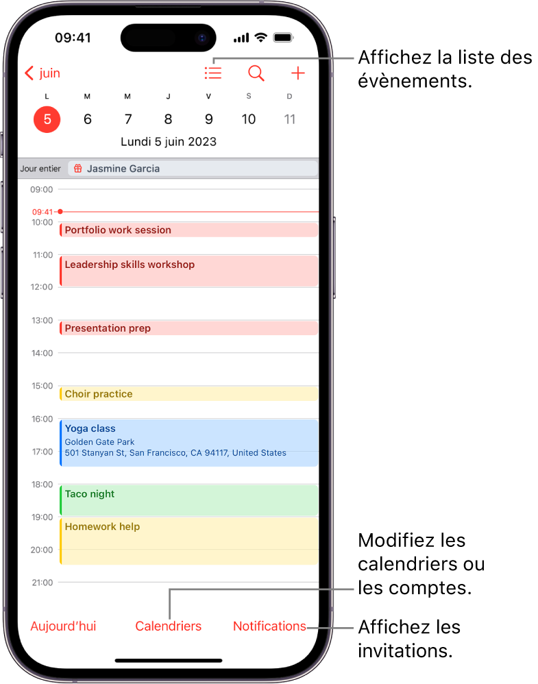 Un calendrier dans la présentation Jour affichant les évènements du jour. Le bouton Calendriers se trouve en bas de l’écran, au milieu, et le bouton Notifications se trouve en bas à droite.