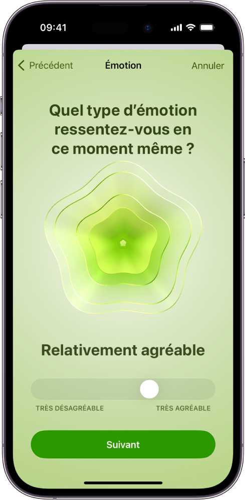 Écran de l’app Santé indiquant que l’humeur actuelle est Relativement agréable. En bas de l’écran, un curseur permet de régler le niveau de l’émotion.