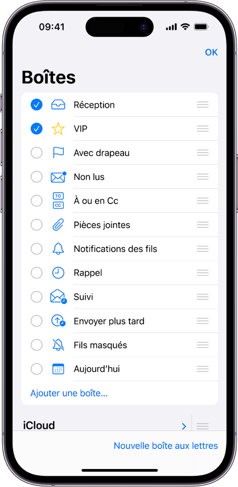 L’écran de modification Boîtes. Les boîtes facultatives sont indiquées de haut en bas avec une case à cocher à gauche de chaque option. Dans le coin inférieur droit de l’écran se trouve un bouton intitulé « Nouvelle boîte aux lettres ».