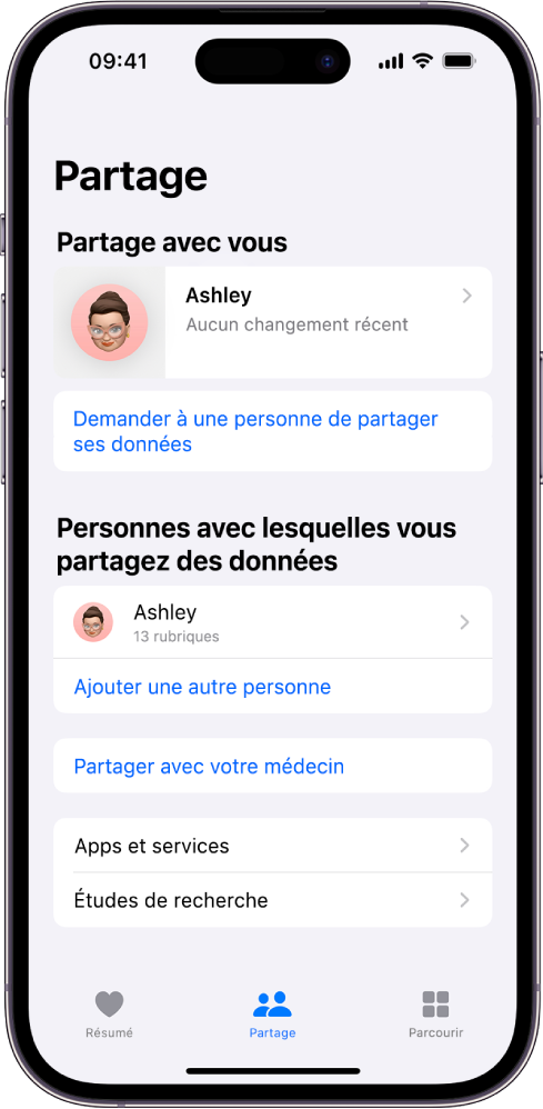 L’écran Partage de l’app Santé.