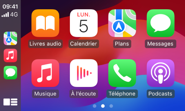 Accueil CarPlay affichant Plans, Musique et Messages dans la barre latérale. À droite se trouvent Livres audio, Calendrier, Plans, Messages, Musique, À l’écoute, Téléphone et Podcasts.