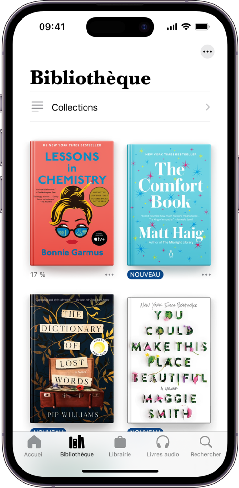 L’écran Bibliothèque dans l’app Livres. En haut de l’écran se trouve le bouton Collections. Au milieu de l’écran se trouvent les couvertures des livres. En bas de l’écran se trouvent, de gauche à droite, les onglets Accueil, Bibliothèque, Librairie, Livres audio et Rechercher. L’onglet Bibliothèque est sélectionné.