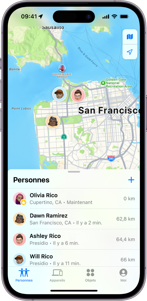 L’écran Localiser avec la liste Personnes et la position de ces personnes sur un plan.
