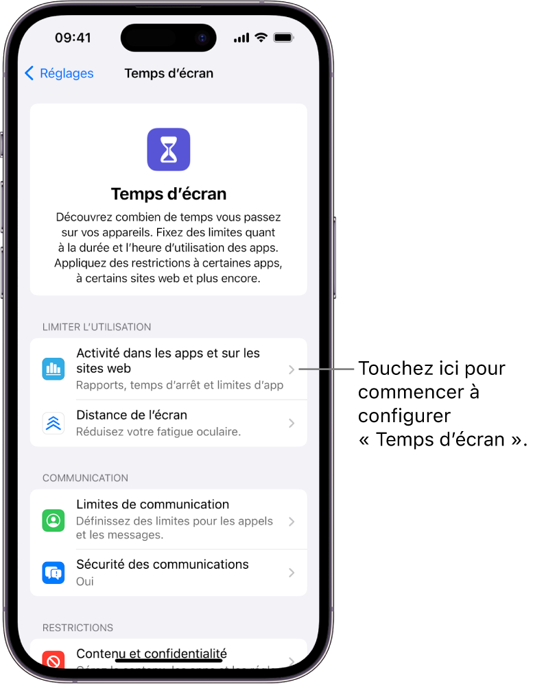 L’écran pour configurer Temps d’écran montrant le bouton Activité dans les apps et sur les sites web.