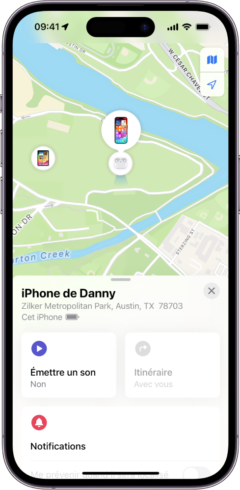 L’écran Localiser montrant la position d’un iPhone sur un plan en haut de l’écran.