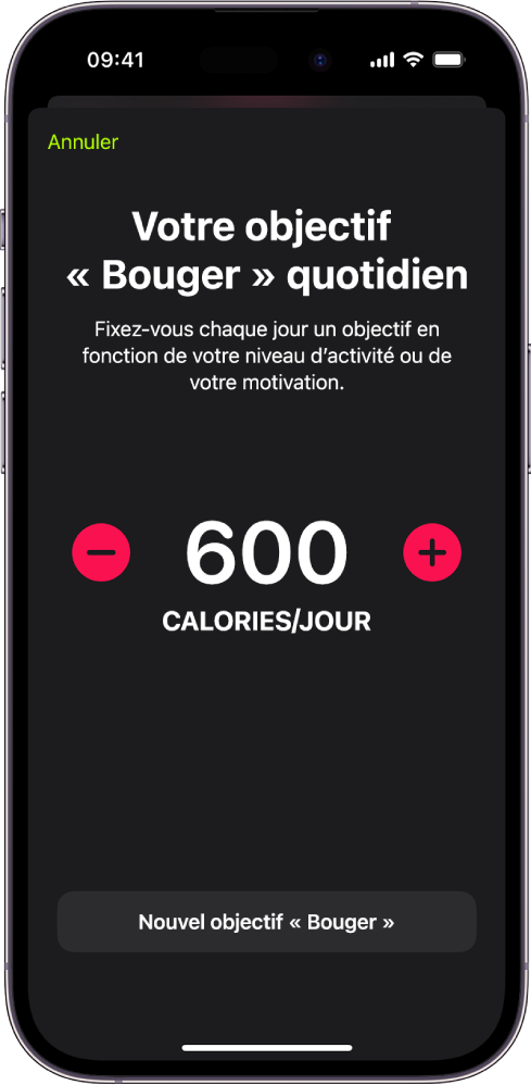 L’écran « Objectif "Bouger" quotidien » affichant un objectif Bouger et des boutons pour l’augmenter ou le diminuer.
