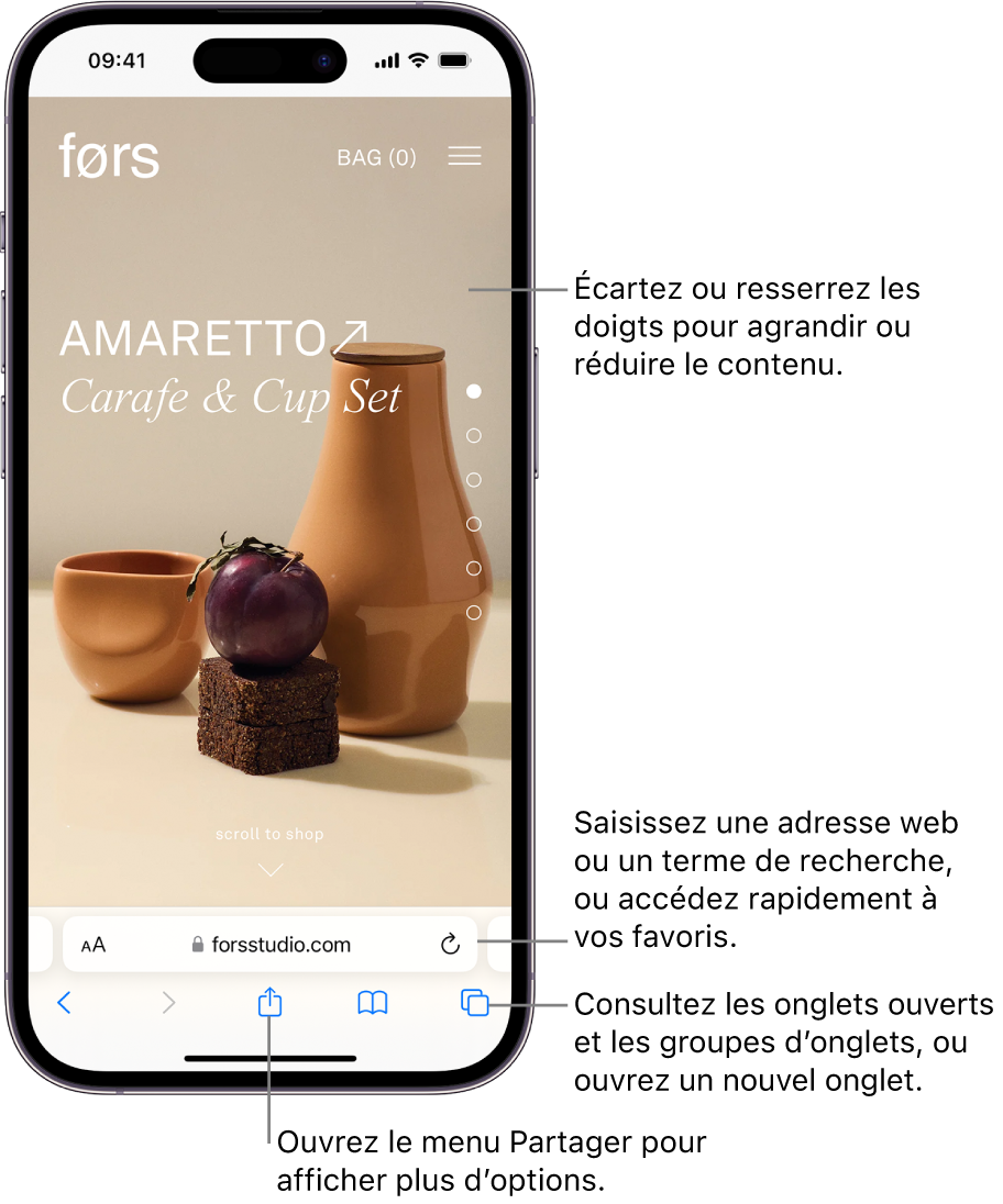 Un site web s’ouvre dans Safari, avec le champ d’adresse en bas. En bas, de gauche à droite, se trouvent les boutons Précédent, Suivant, Partager, Signets et Onglets.