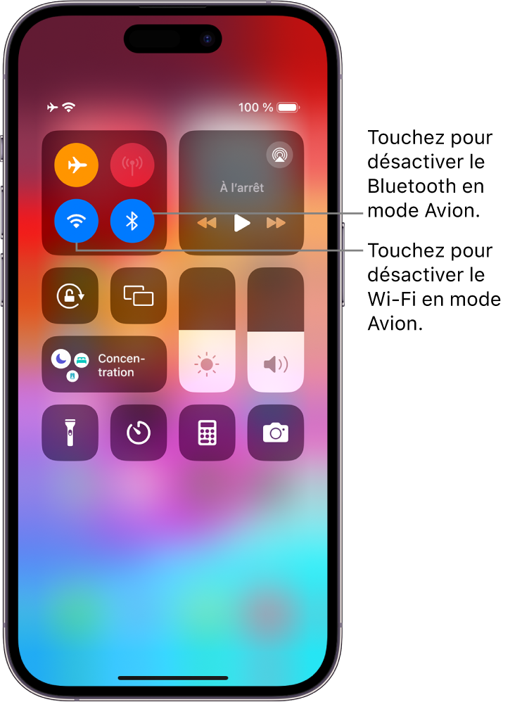 Le centre de contrôle de l’iPhone. Dans le groupe de commandes en haut à gauche se trouvent le bouton du mode Avion (en haut à gauche), le bouton Wi-Fi (en bas à gauche) et le bouton Bluetooth (en bas à droite). Le mode Avion, le Wi-Fi et le Bluetooth sont tous activés. Touchez le bouton Bluetooth pour désactiver le Bluetooth en mode Avion. Touchez le bouton Wi-Fi pour désactiver le Wi-Fi en mode Avion.