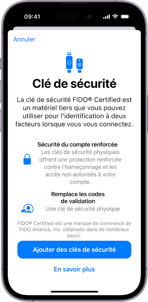 L’écran d’accueil de Clés de sécurité. Vers le bas de l’écran se trouve le bouton Ajouter des clés de sécurité et un lien En savoir plus. Au-dessus de ces éléments se trouve un texte explicatif sur l’intérêt d’utiliser des clés de sécurité.