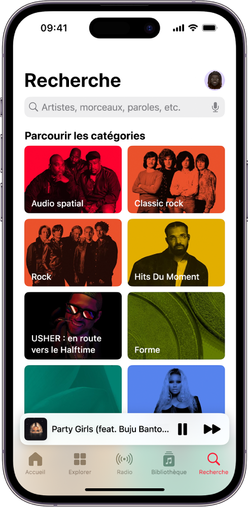 L’écran Rechercher, avec le champ de recherche en haut. La section « Parcourir les catégories » en dessous affiche huit catégories.
