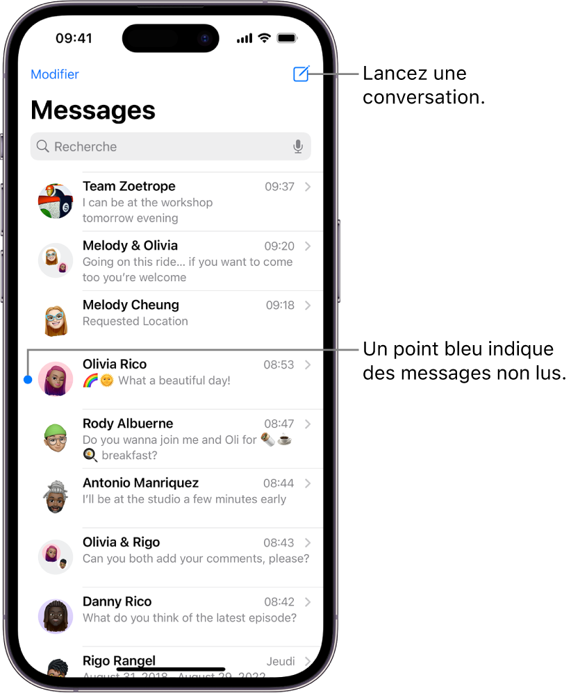 La liste des conversations de Messages, avec le bouton Rédiger en haut à droite. Le point bleu situé à gauche d’un message indique que ce dernier n’a pas été lu.