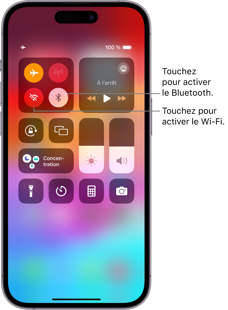 Centre de contrôle avec le mode Avion activé, affichant que le Wi-Fi et le Bluetooth sont désactivés. Les boutons pour activer le Wi-Fi et le Bluetooth se trouvent près de l’angle supérieur gauche du centre de contrôle.