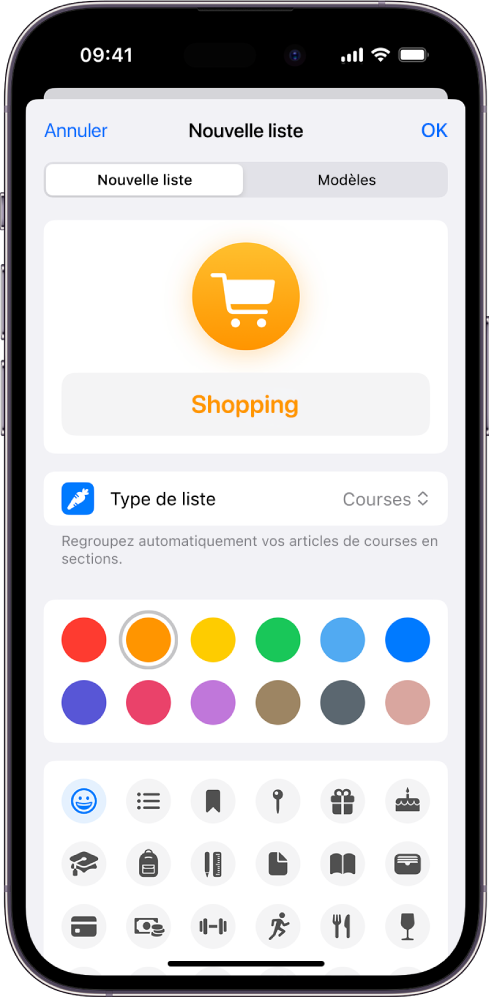 L’écran de création d’une liste dans Rappels. Vous pouvez personnaliser le nom, le type de liste, la couleur et l’icône.