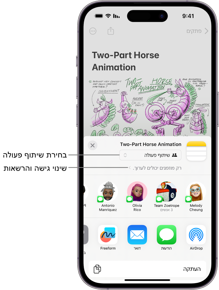 הזמנה לשיתוף פעולה בציור ב״פתקים״, שמציגה את ״שיתוף פעולה״ כאפשרות השיתוף ואת האפשרות ״רק מי שהוזמן על-ידך יכול לערוך״ כהגדרת גישה והרשאות. ארבעה נמענים אפשריים, כולל קבוצה, בשורה שמתחת. השורה התחתונה מציעה אופנים שונים לשיתוף הפתק: AirDrop, ״הודעות״, ״דואר״, ו‑Freeform.