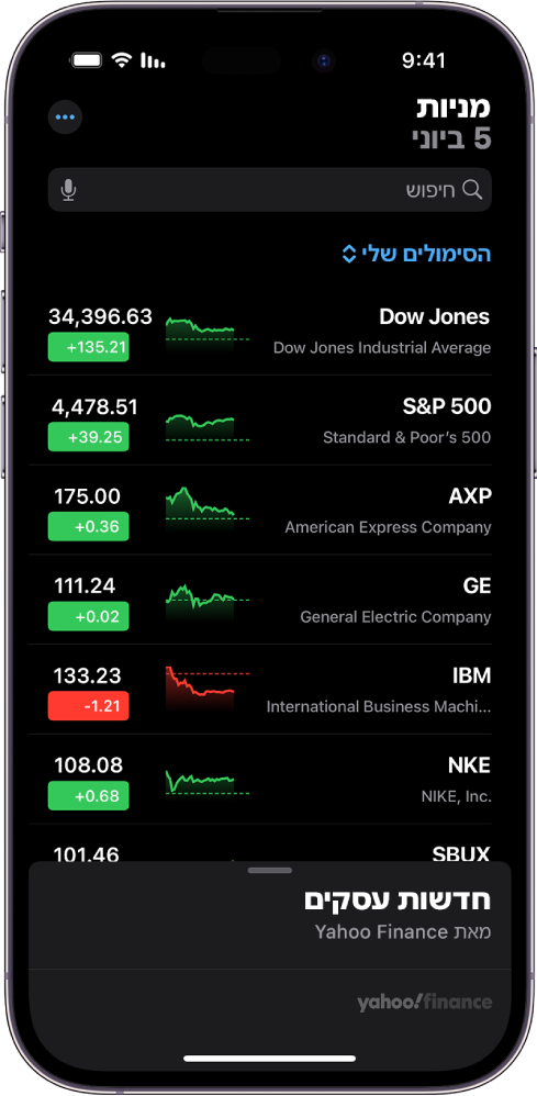 רשימת מניות במעקב ביישום ״מניות״ עם מניות שונות. כל מניה ברשימה מציגה, משמאל לימין, את סימול המניה ושמה, תרשים ביצועים, מחיר המניה ותנודות במחיר. בראש המסך, מעל לכותרת רשימת המעקב ״הסימולים שלי״, מופיע שדה חיפוש. בתחתית המסך מופיע Business News יש להחליק כלפי מעלה על Business News כדי להציג כתבות.