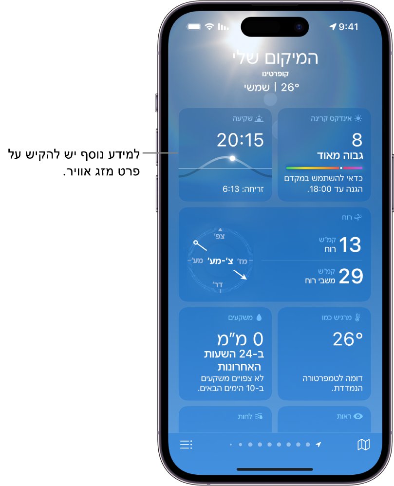 המסך של ״מזג אוויר״ מציג את המיקום למעלה, ואת הטמפרטורה ותנאי מזג האוויר עכשיו. שאר המסך מכיל פרטי מזג האוויר לגבי האלמנטים הבאים: איכות האוויר, משקעים, אינדקס הקרינה ושעת השקיעה.