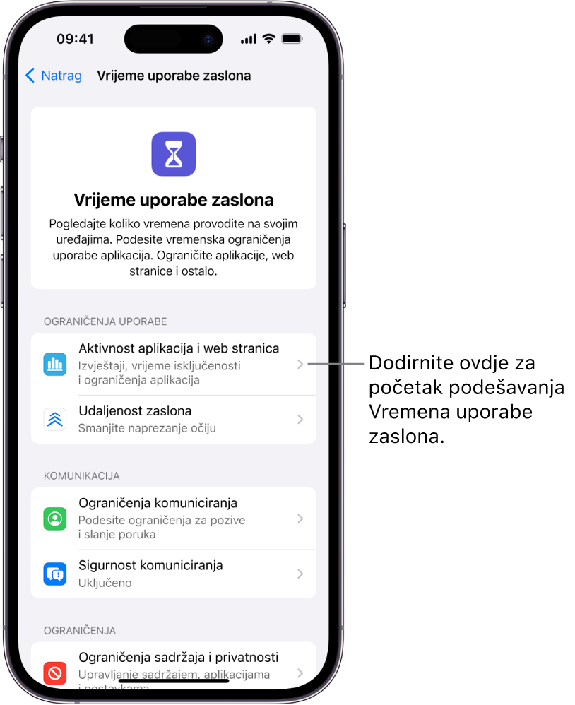 Zaslon za podešavanje Vremena uporabe zaslona koji prikazuje tipku Aktivnost aplikacija i web stranica.