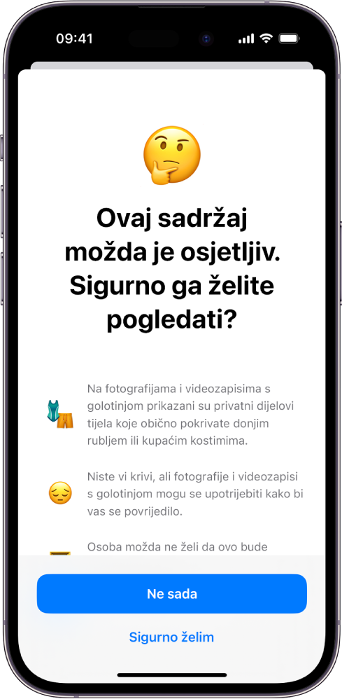 Upozorenj o osjetljivom sadržaju, upozorenje na moguću golotinju na slici. Na dnu zaslona nalaze se sljedeće tipke: Ne sada i Sigurno.
