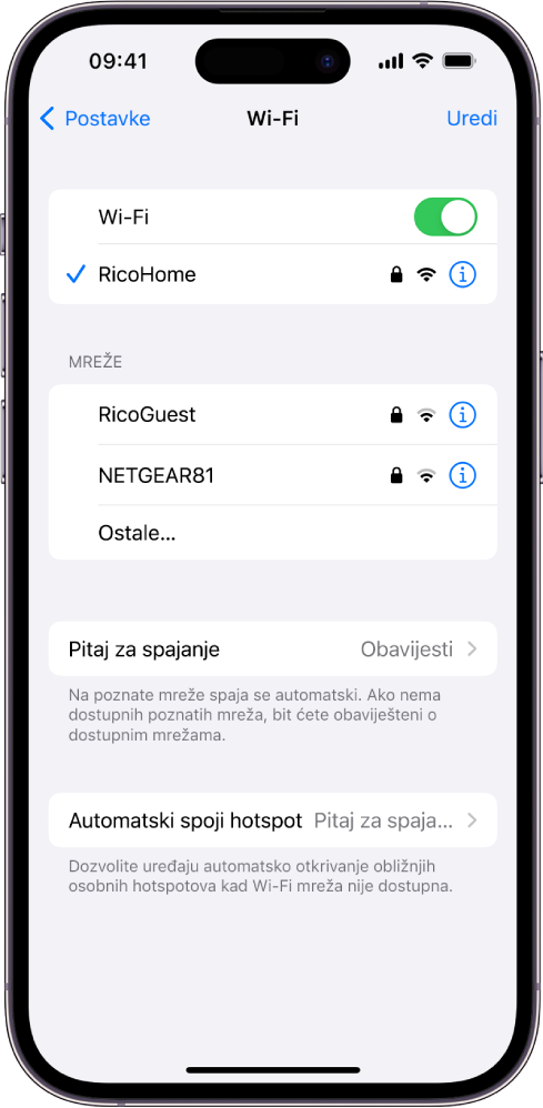 Izbornik Wi-Fi opcija u Postavkama. Wi-Fi je uključen i odabrana je mreža.