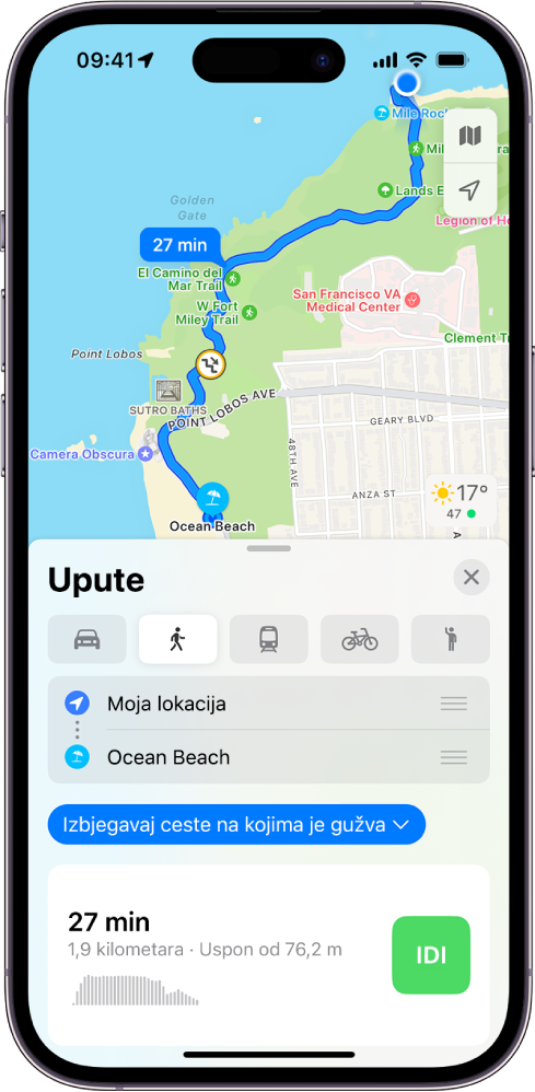 Karta koja prikazuje rutu za hodanje. Kartica rute na dnu sadrži detalje za rutu, uključujući procijenjeno vrijeme putovanja i promjene nadmorske visine. Tipka Idi prikazuje se s desne strane detalja.