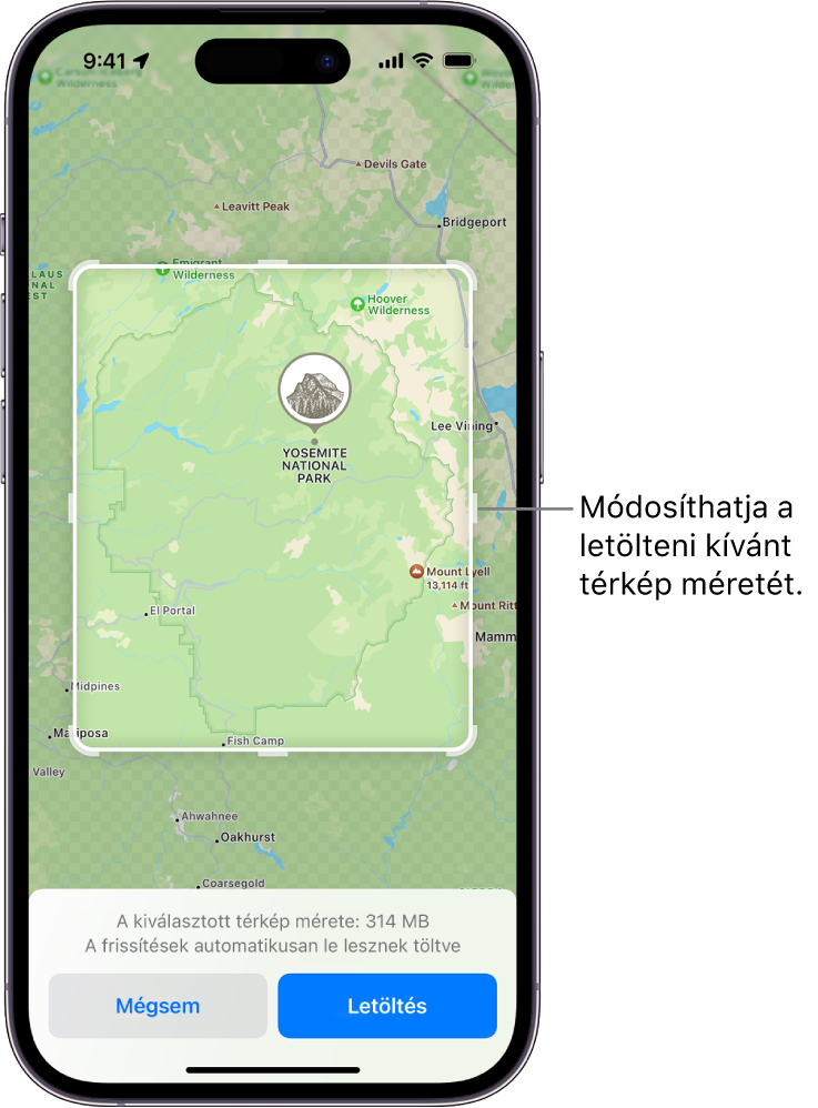 Egy nemzeti park térképe. A parkot egy fogókkal rendelkező négyszög veszi körbe, amelyet mozgatva megváltoztatható a letölthető térkép mérete. A kiválasztott térkép letöltési mérete a térkép aljának közelében látható. A Mégsem és a Letöltés gomb a képernyő alján láthatók.