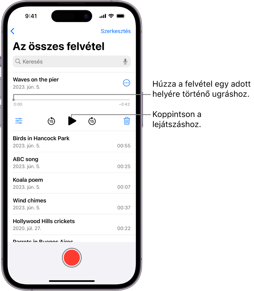 A hangjegyzetek listájának képernyője, amelynek tetején ki van jelölve egy felvétel. A felvételi idővonalon egy lejátszófej látható, amely elhúzásával a felvétel egy adott részéhez ugorhat. A lejátszási vezérlők az idővonal alatt találhatók.