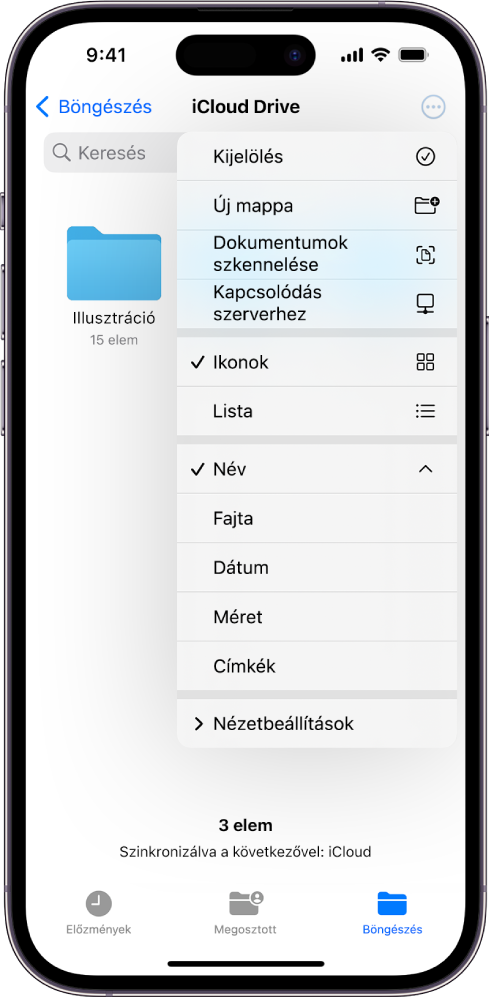 A Fájlok app a kiválasztott Továbbiak gombbal. A látható menüben a Kijelölés, az Új mappa, a Dokumentumok szkennelése és a Kapcsolódás a szerverre lehetőség látható. Alattuk a képernyőn lévő elemek ikonokként vagy listaként való megtekintésének beállításai láthatók. Alul a Név, a Fajta, a Dátum, a Méret, a Címkék rendezési lehetőségek láthatók, amelyeket a Nézetbeállítások követ.