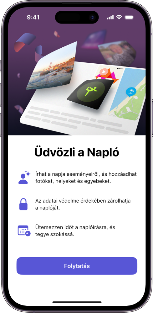 A Napló app üdvözlő képernyője.