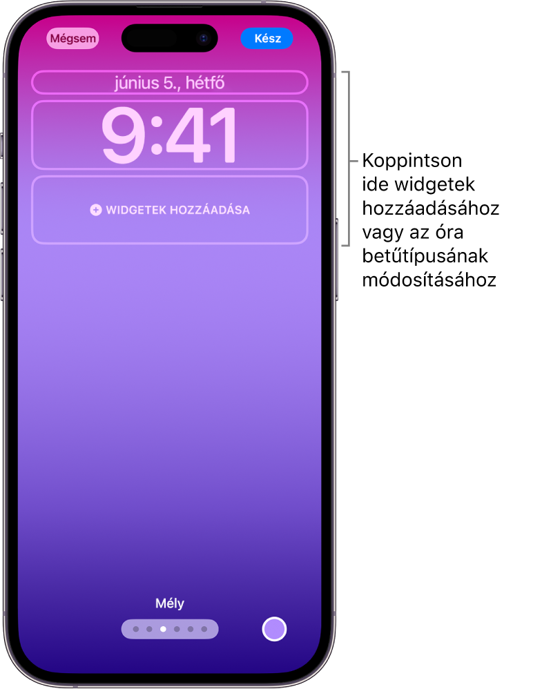 Egy egyéni Zárolási képernyő szerkesztés közben. Kiválasztásra kerültek a további testreszabható elemek – a dátum, az idő és egy gomb a widgetek hozzáadásához.
