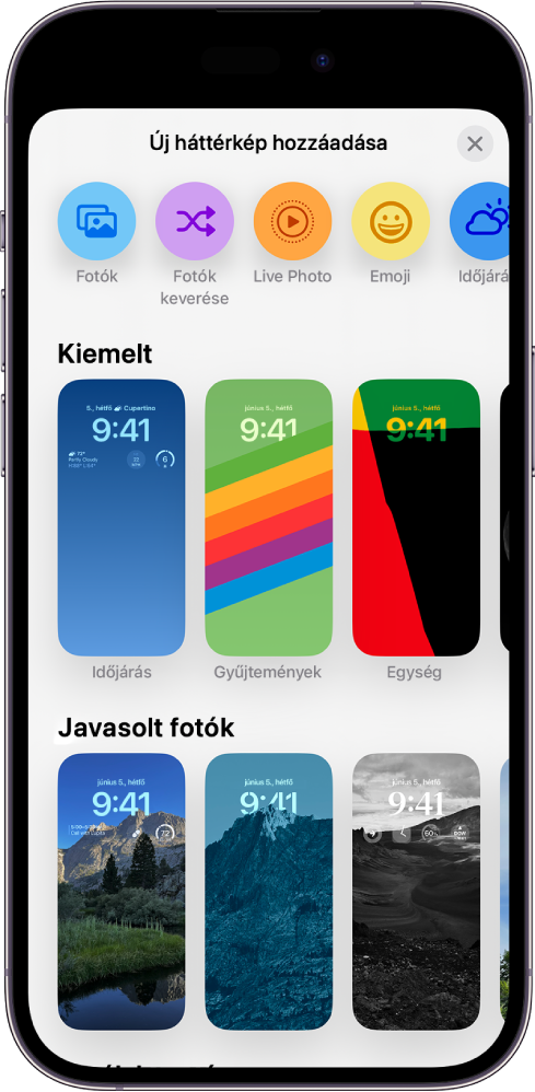 Az Új háttérkép hozzáadása képernyő, amely az iPhone Zárolási képernyőjének testreszabásához választható háttérképek galériáját mutatja.