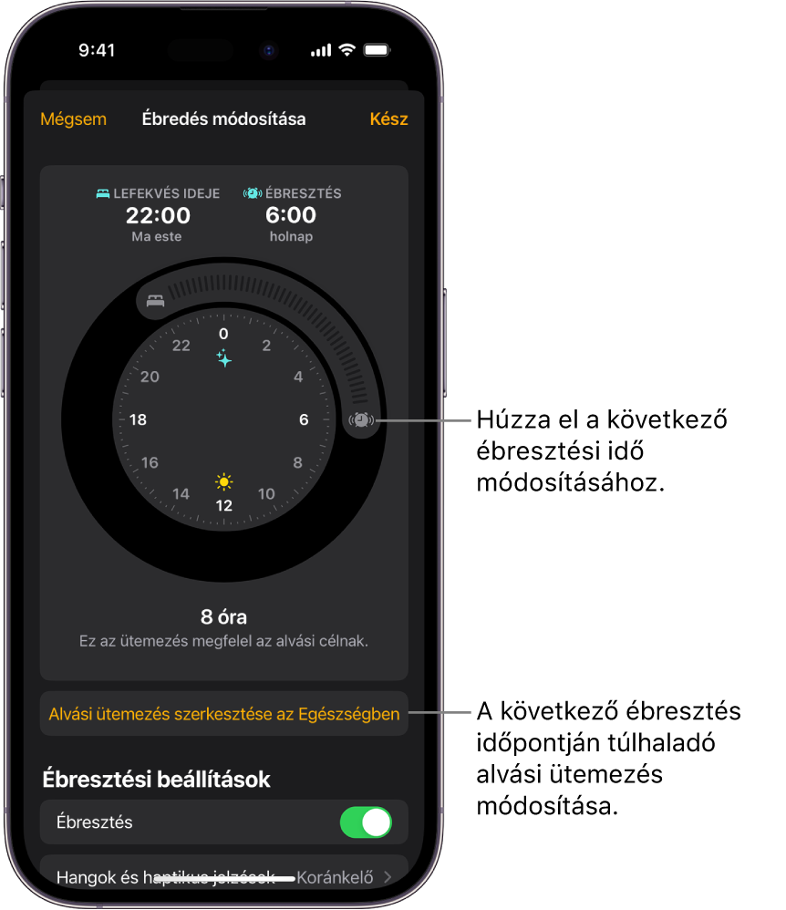 A következő napi ébresztés módosításának képernyője. A gombok elhúzásával módosíthatja az alvásidőt és az ébresztési időt, egy másik gombbal módosíthatja az alvási ütemezést az Egészség appban, ezenkívül egy olyan gomb is rendelkezésre áll, amellyel az Ébresztés jelzését tudja be- vagy kikapcsolni.
