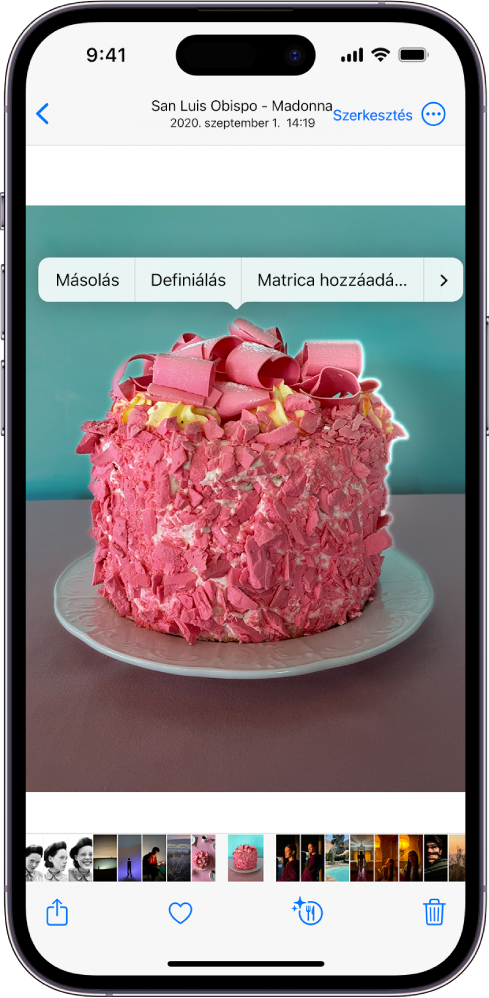 Egy fotó van megnyitva a Fotók app könyvtárában. A fotó közepén lévő téma körvonala ki van emelve, és felette a következő gombok jelennek meg: Másolás, Definiálás, Matrica hozzáadása és Megosztás.