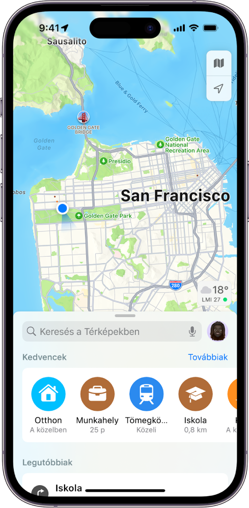 A Térképek képernyője, amelynek alsó részén a keresőmező látható. A keresőmező alatt a következő helyek vannak elmentve kedvencként: Otthon, Munkahely, Tömegközlekedés és Iskola.