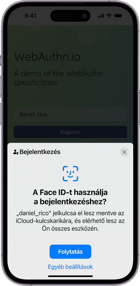 Egy bejelentkezési képernyő, amely akkor jelenik meg, ha a fiókhoz egy jelkulcs van elmentve. A Folytatás és az Egyéb lehetőségek gomb a képernyő alján láthatók.