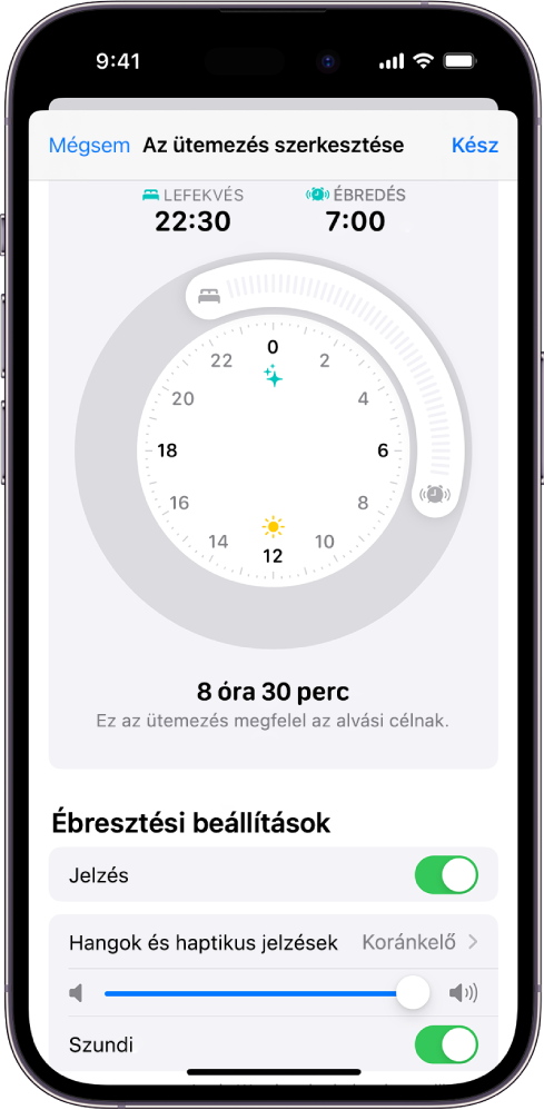 Az Egészségben Az ütemezés szerkesztése képernyő tetején az Alvásidő és ébresztés óra,m az alján pedig az ébresztési beállítások láthatók.