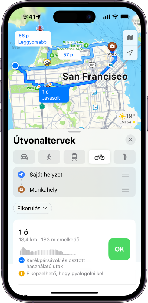 Térkép biciklis útvonallal. Az alul megjelenő útvonalkártya megjeleníti a részleteket, többek között a becsült utazási időt, a szintemelkedés-különbségeket és az úttípusokat. Egy Indulás gomb jelenik meg a részletek mellett.