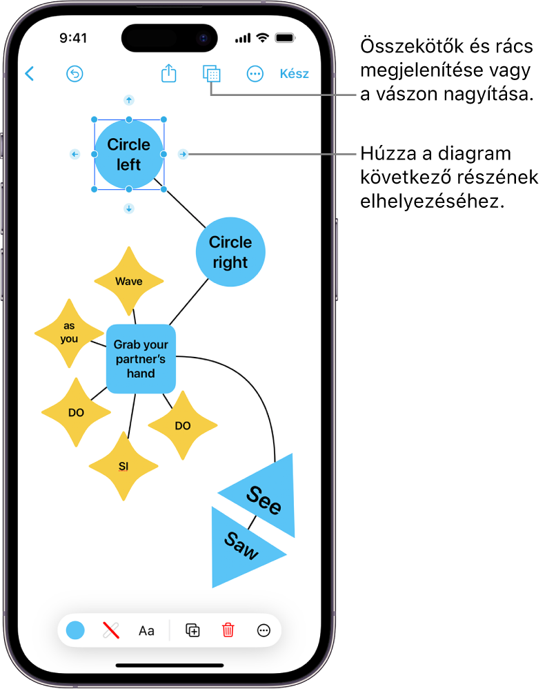 Egy diagram látható egy Freeform-táblán, a kiválasztott alakzaton látható összekötőkkel és a képernyő alján látható alakzatformázó eszközökkel.