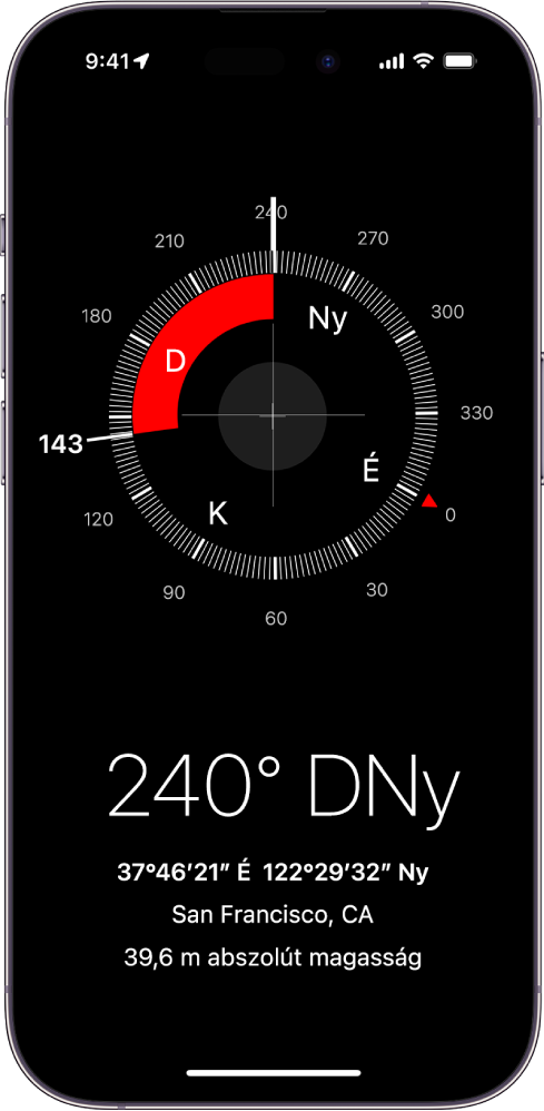 Az Iránytű app képernyője, amelyen az aktuális helyzet és az abszolút magasság látható, ezenkívül az az irány, amely felé az iPhone néz.